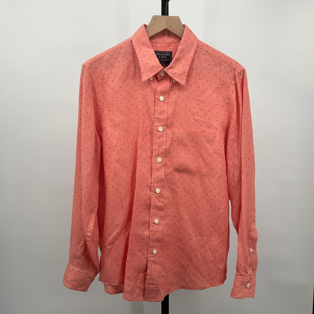 Abercrombie & Fitch Polka Dot Button Down‎ Shirt Coral Pink Mens S Linen